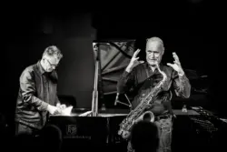 New Conference Call - Gebhard Ullmann, Joe Fonda, Uwe Oberg, Dieter Ulrich - Konzert bei art.ist Wiesbaden 251119 - Foto: Frank Schindelbeck Jazzfotografie
