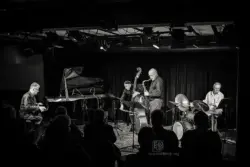 New Conference Call - Gebhard Ullmann, Joe Fonda, Uwe Oberg, Dieter Ulrich - Konzert bei art.ist Wiesbaden 251119 - Foto: Frank Schindelbeck Jazzfotografie