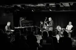 New Conference Call - Gebhard Ullmann, Joe Fonda, Uwe Oberg, Dieter Ulrich - Konzert bei art.ist Wiesbaden 251119 - Foto: Frank Schindelbeck Jazzfotografie